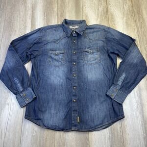 Wrangler Retro Western Shirt Mens XL Blue Blue Denim Chambray Pearl Snap Premium